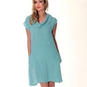 Fenini Linen Roll Neck Shift Pocket Dress Lagenlook Ice Light Blue. Size L